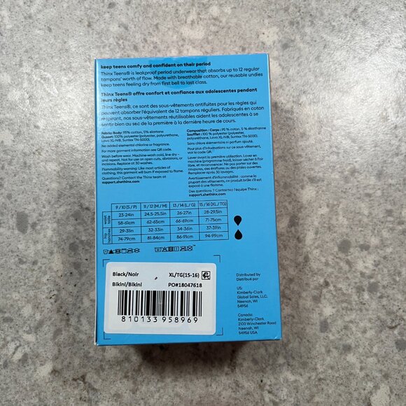 Thinx Teens Period panties bikini  black sz XL 15/16  1 pair  NEW NIB - Picture 2 of 2